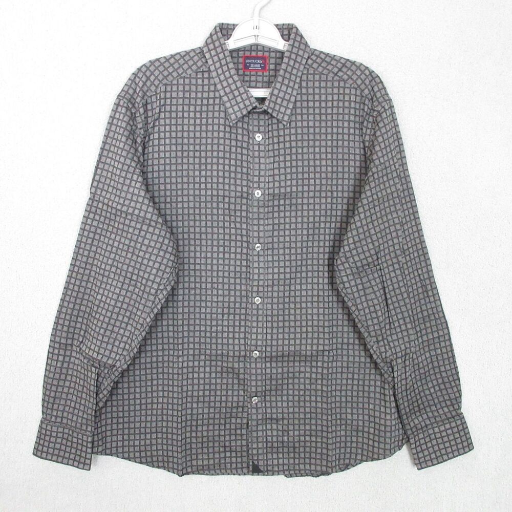 UNTUCKit Shirt Mens 2XL Gray Check Long Sleeve Button Front 100% Cotton Casual
